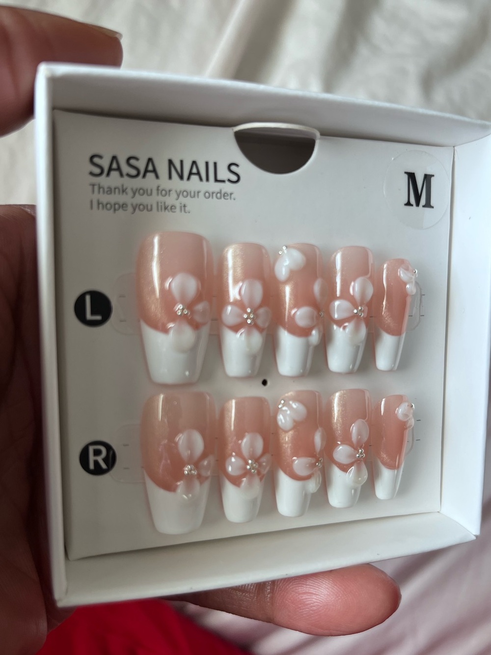 SASA NAILS Pink & White Floral Press-On Nails